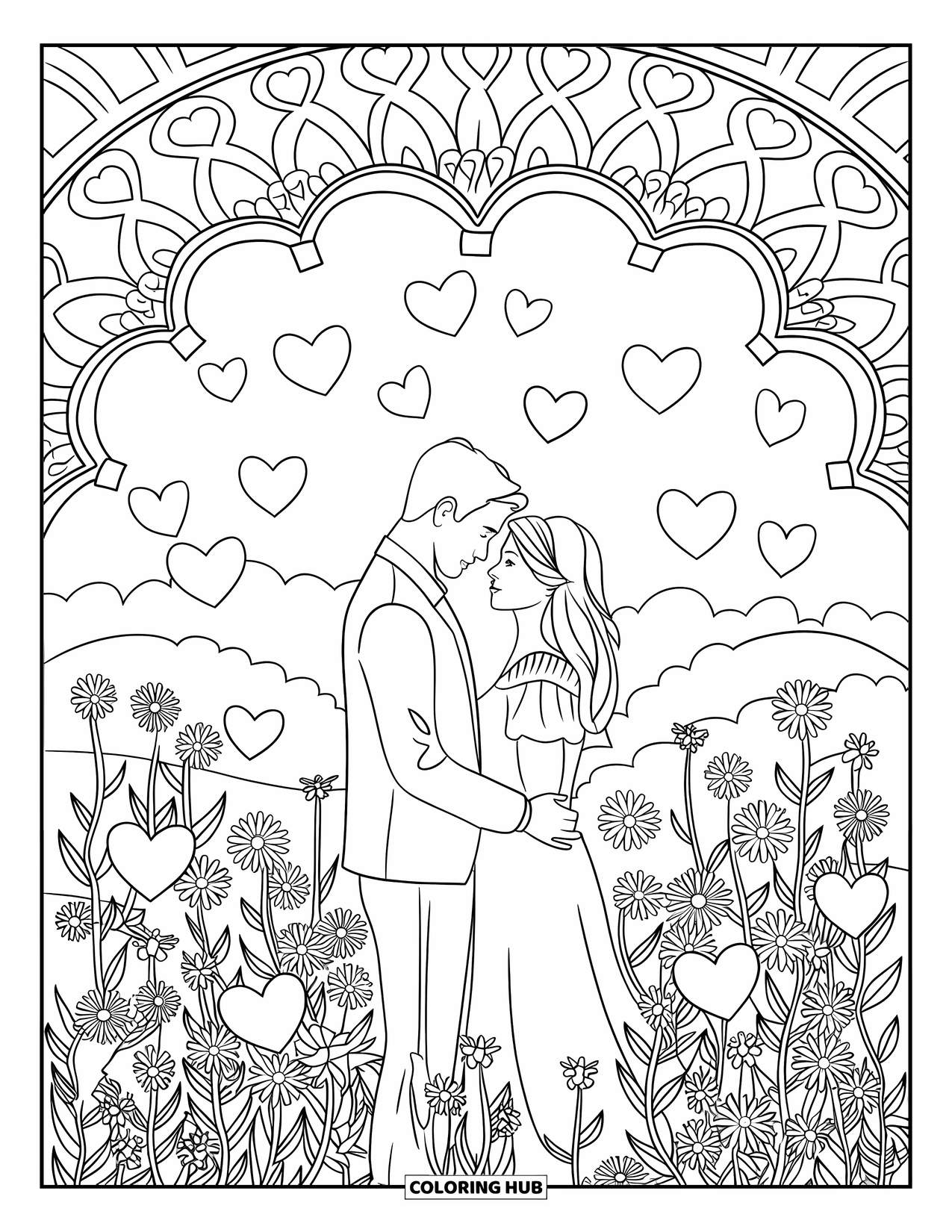 Couple Coloring Page for Adults: A couple stands in a field of wildflowers with hearts floating around them