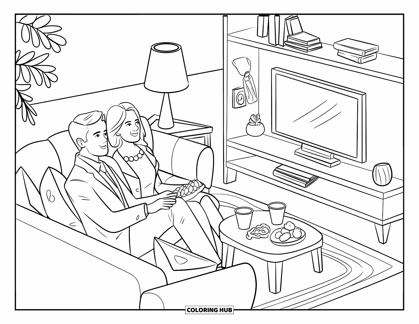 Couple Coloring Page for Adults: A couple watches TV from a comfy couch with snacks, cups, and cozy room decor
