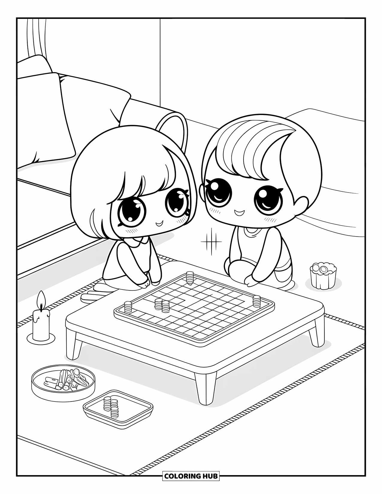 Couple Coloring Page for Adults: A couple with big eyes plays a game on the floor with snacks and a candle
