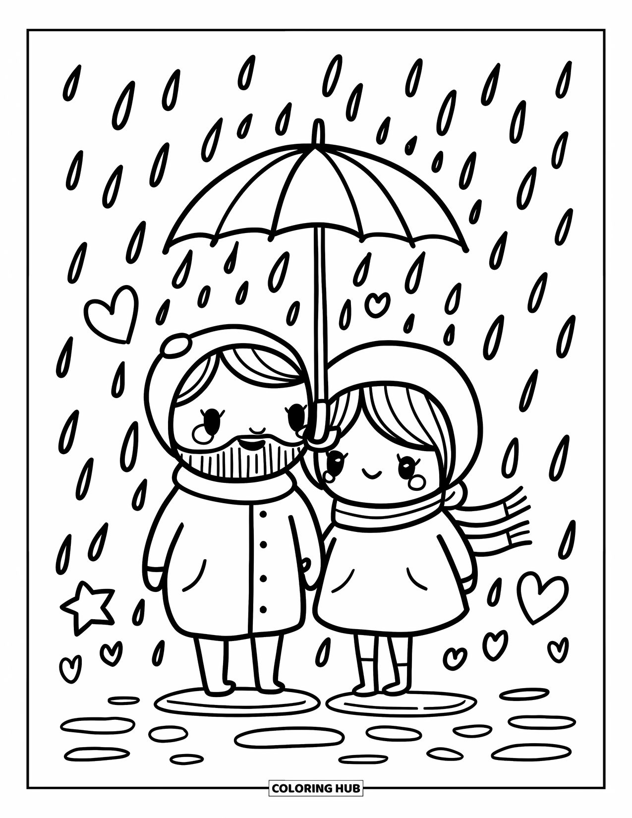 Couple Coloring Page for Adults: A cozy couple shares an umbrella with sweet doodles like stars, clouds, and hearts