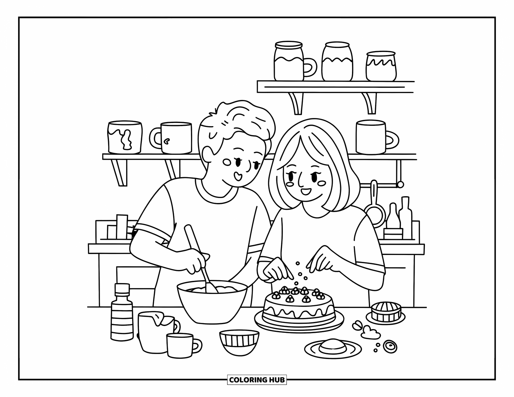 Couple Coloring Page for Adults: A happy couple adds toppings and stirs cake batter with mugs on a shelf nearby