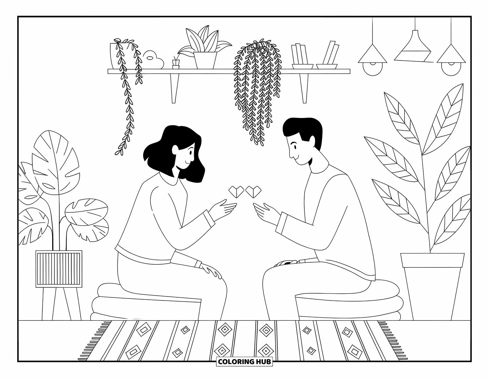 Couple Coloring Page for Adults: A warm room with hanging plants and a rug as they share origami hearts together