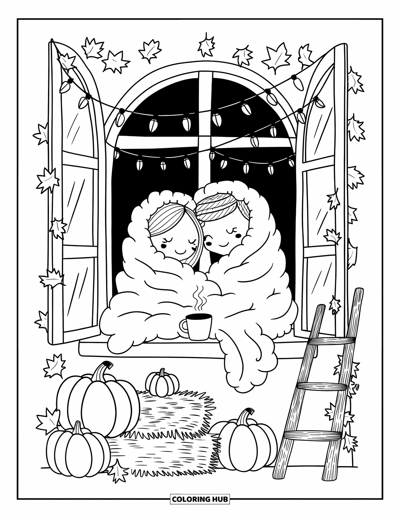 Couple Coloring Page for Adults: Snuggled up under a blanket, they enjoy a cozy window seat filled with fall details