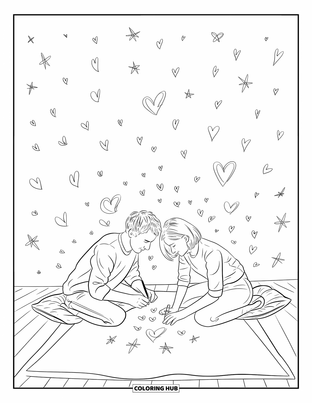 Couple Coloring Page for Adults: They doodle side by side on a big sheet of paper, sitting on little cushions