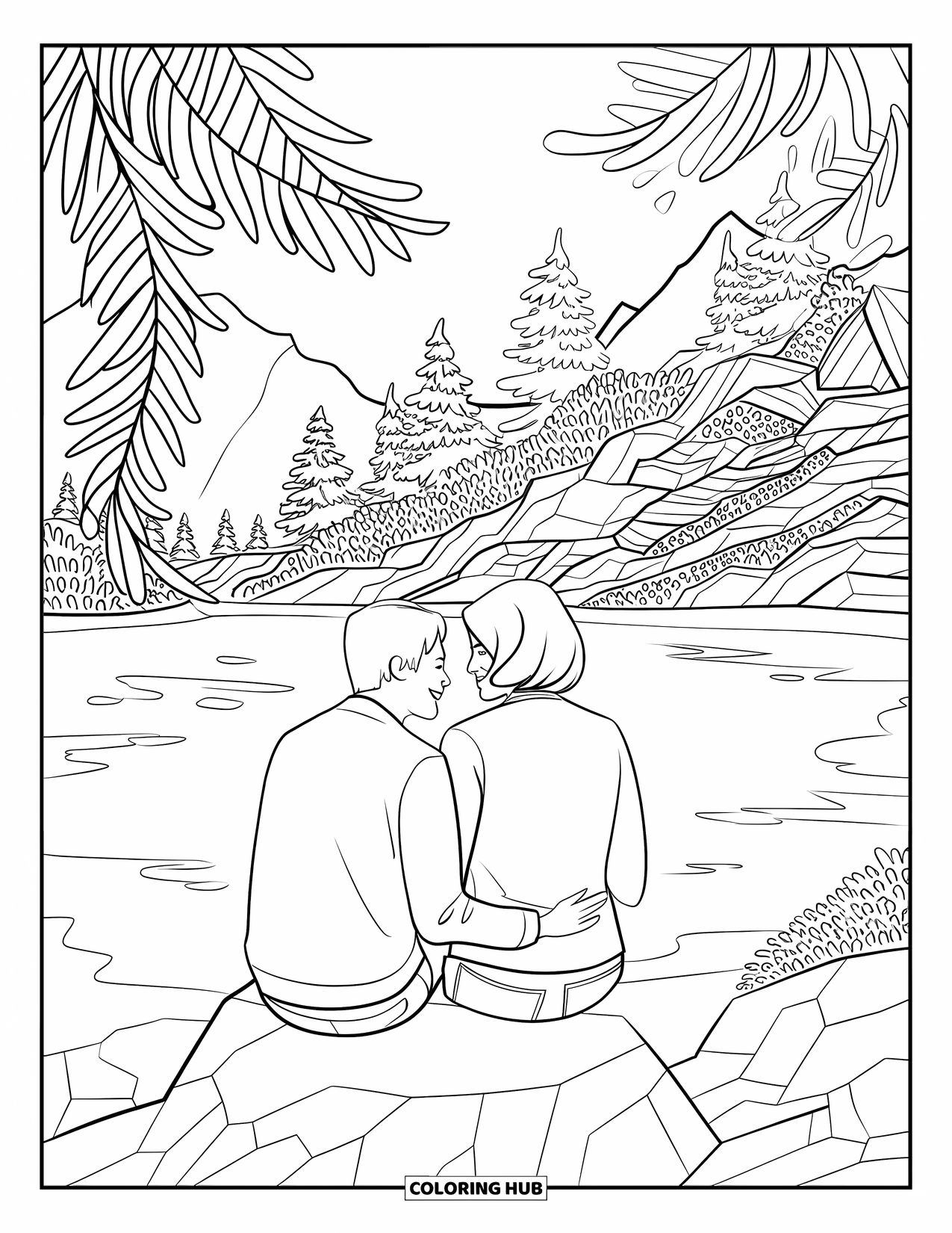 Couple Coloring Page for Adults: They share a calm moment by the lake, surrounded by rocks and pine trees