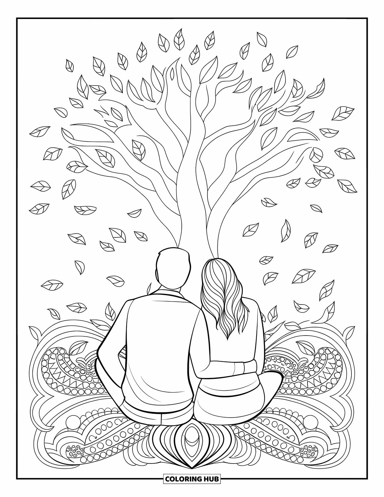 Couple Coloring Page for Adults: They sit beneath a patterned tree, leaves falling gently around them in a peaceful moment