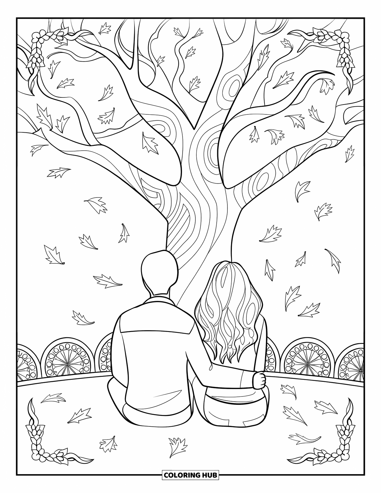 Couple Coloring Page for Adults: They sit quietly under a tall tree with falling leaves and artistic patterns