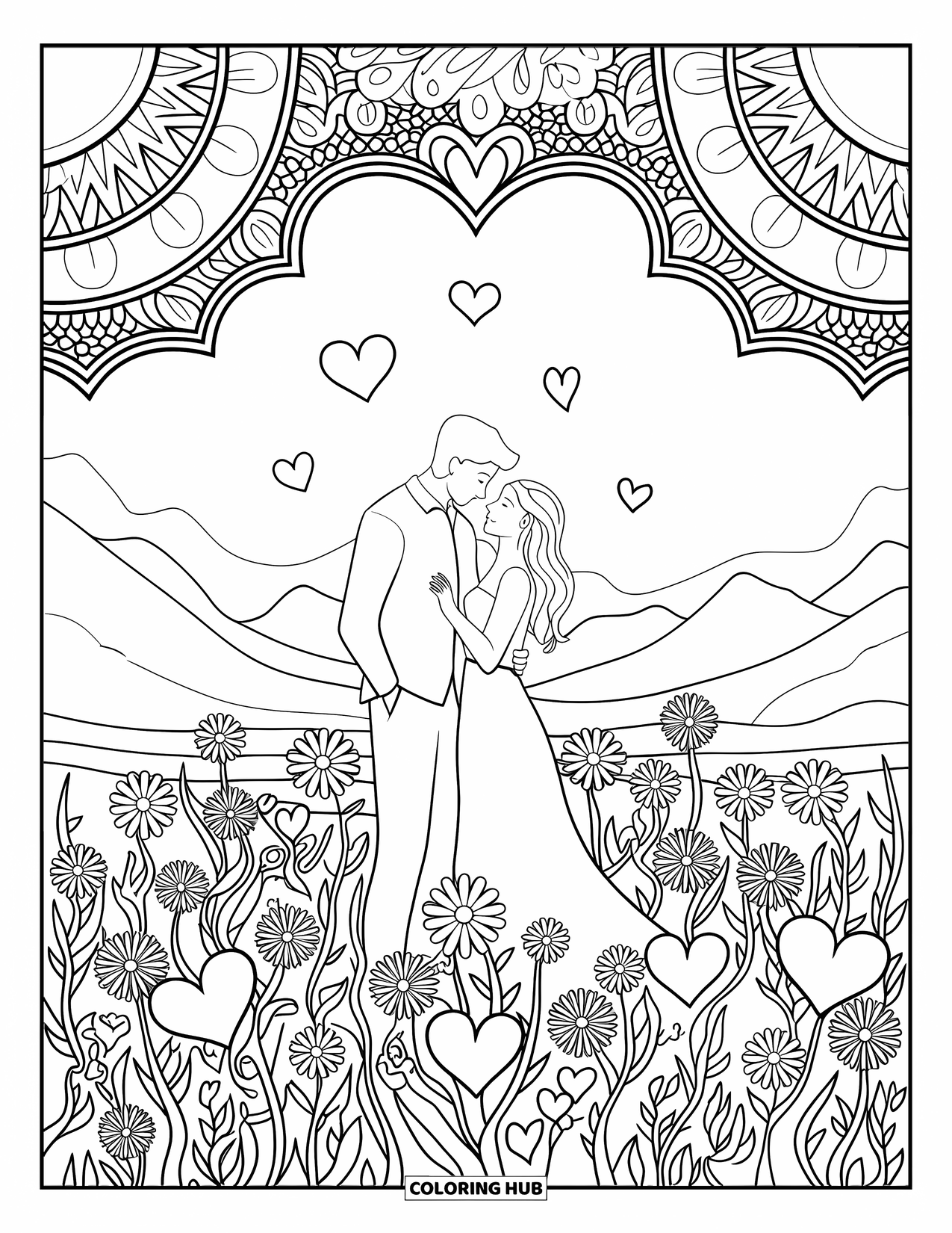 Couple Coloring Page for Adults: They stand in wildflowers with hearts and mountains behind, in a peaceful scene