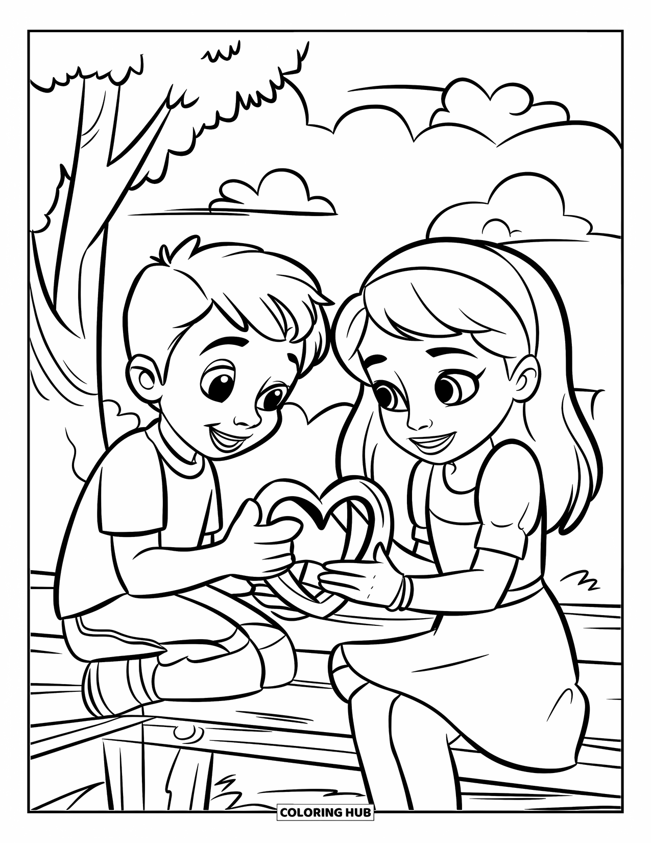 Couple Coloring Page for Kids: A boy and girl sit on wood, building a heart-shaped craft under trees and clouds
