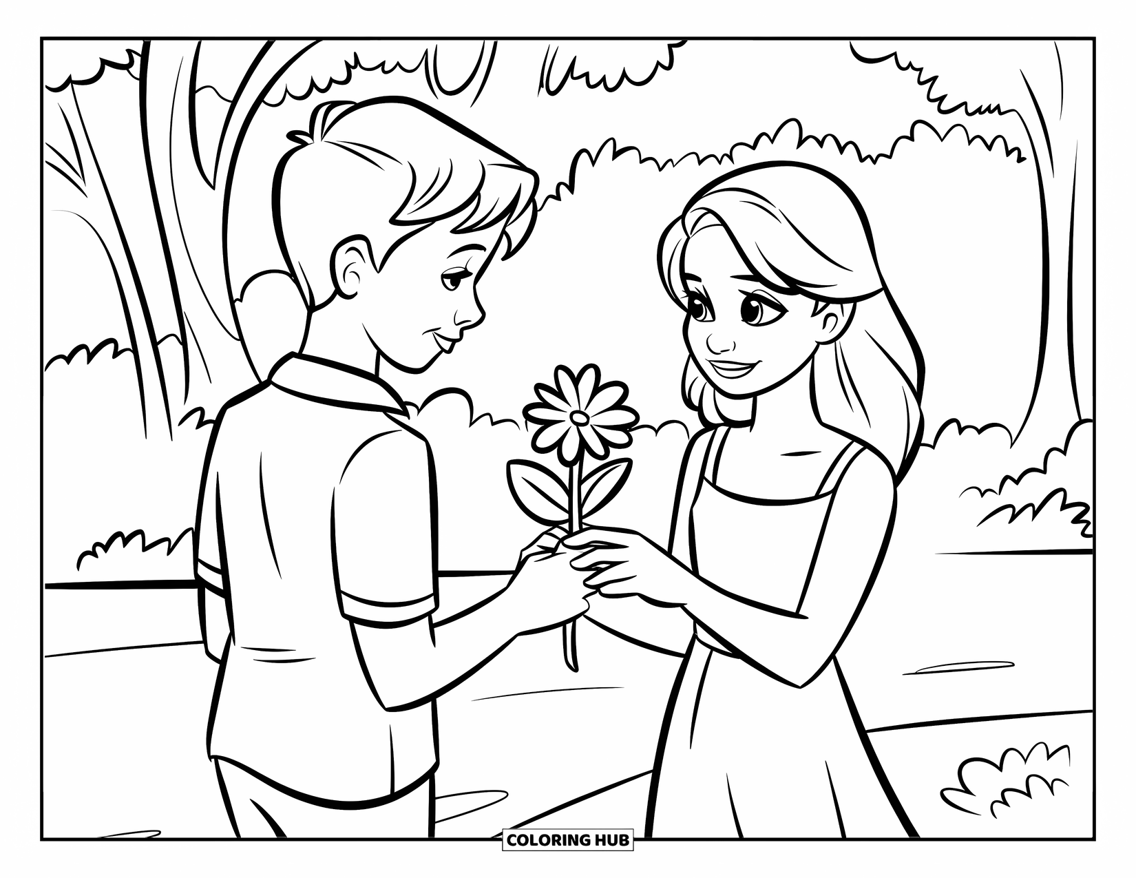 Couple Coloring Page for Kids: A boy gives his girlfriend a flower while walking through the park