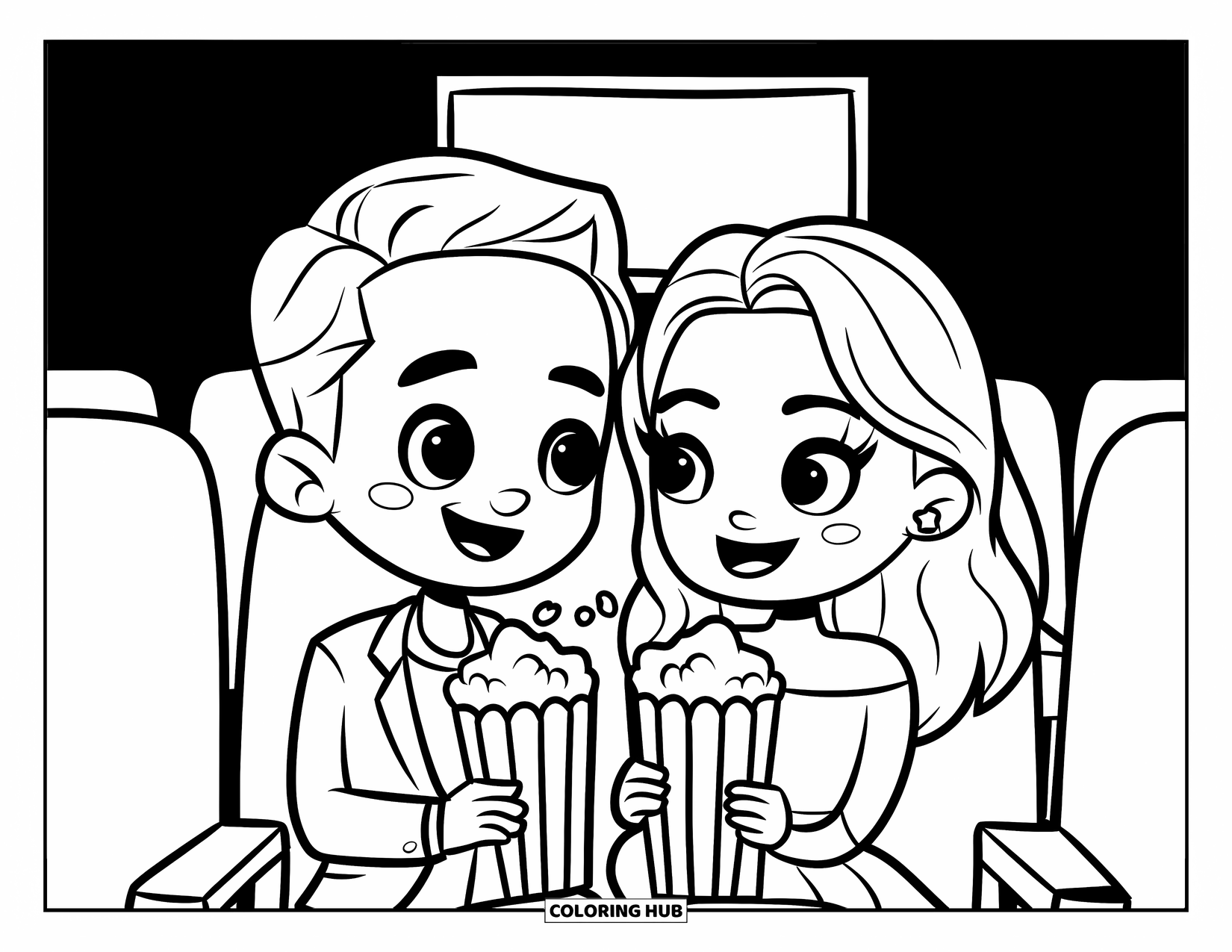 Couple Coloring Page for Kids: A couple enjoys popcorn while watching a movie together in a quiet cinema
