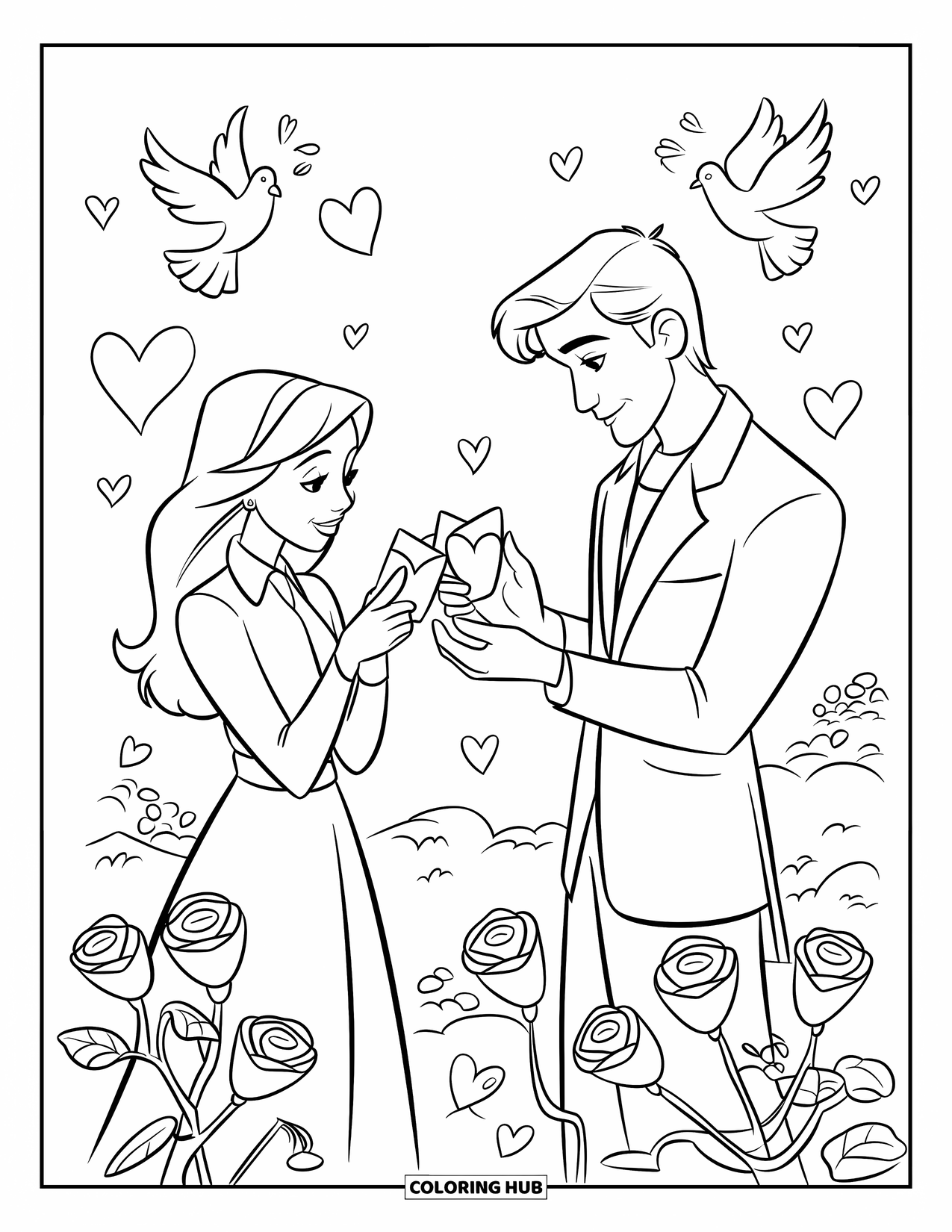 Couple Coloring Page for Kids: A couple exchanges Valentine's cards in a garden with hearts and doves nearby
