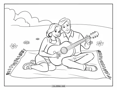Kolorowanka z parą dla dzieci: Para siedzi na piknikowym kocu na łące pełnej kwiatów z gitarą