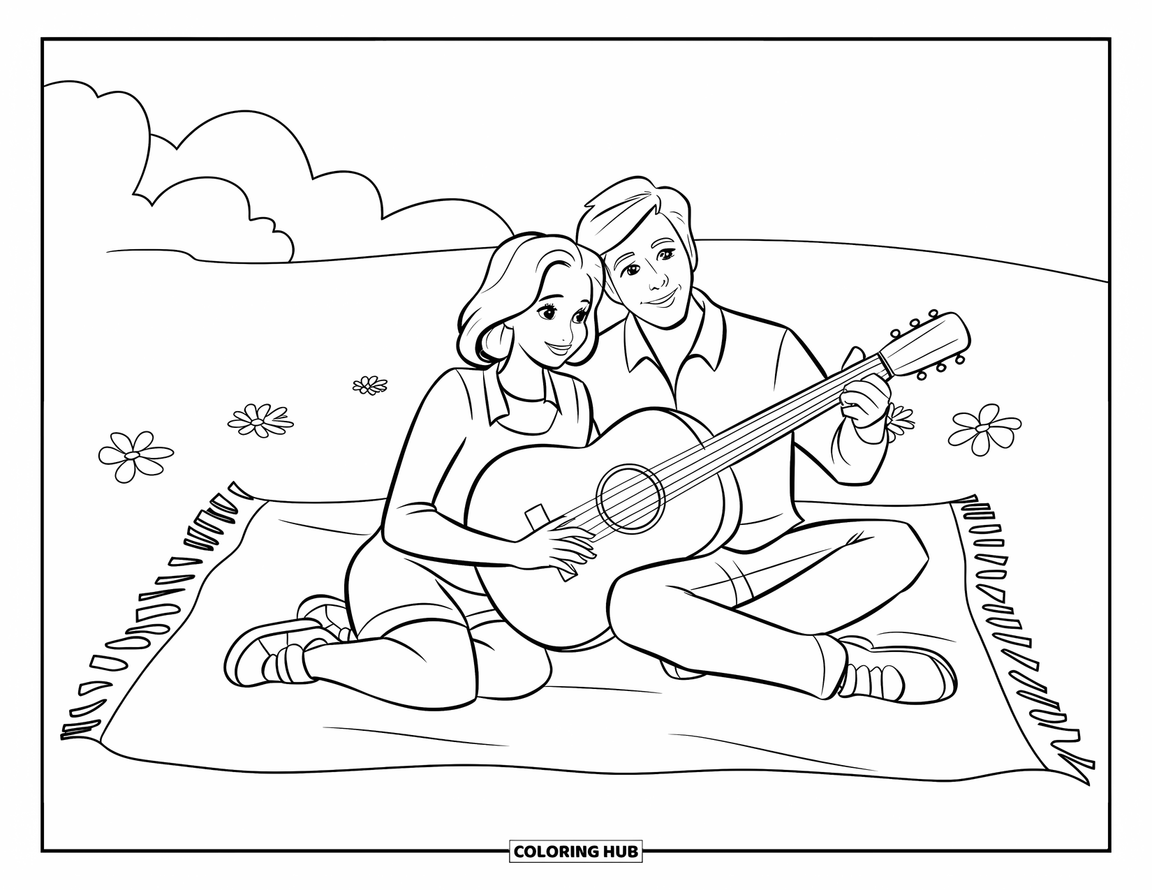 Couple Coloring Page for Kids: A couple sits on a picnic blanket in a flower-filled field with a guitar