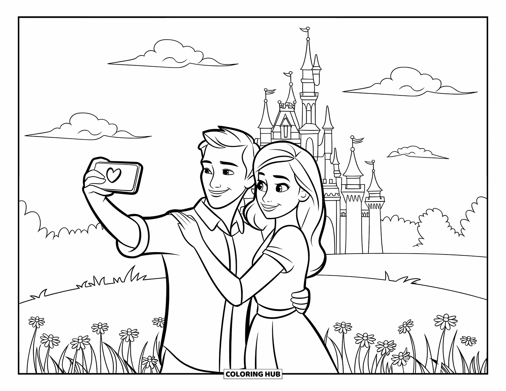 Couple Coloring Page for Kids: A couple takes a selfie in a field with flowers and a castle behind them