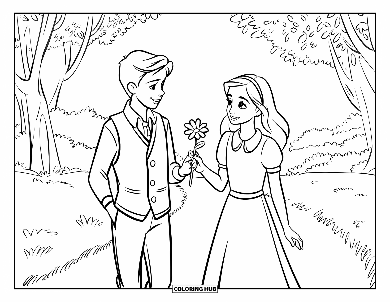 Couple Coloring Page for Kids: A couple walks a path lined with trees as he gives her a flower