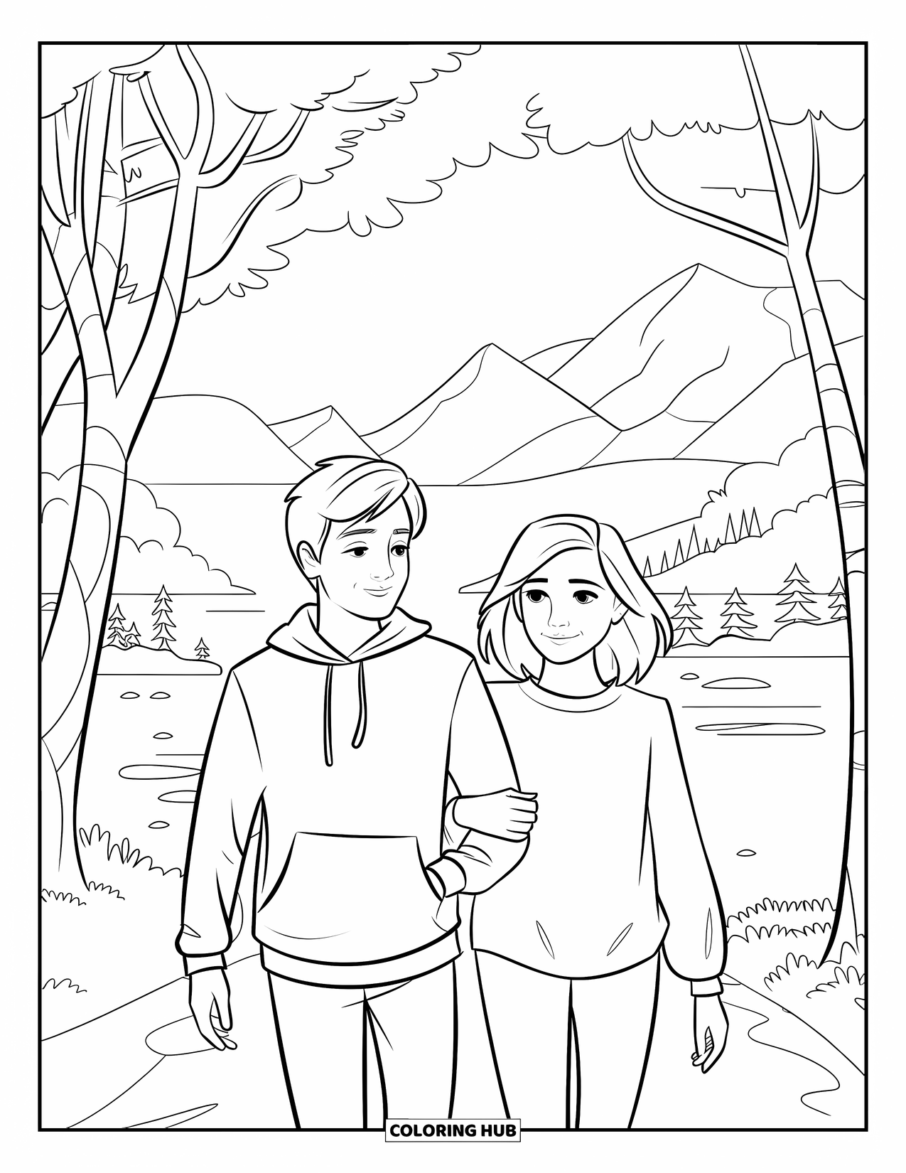 Couple Coloring Page for Kids: A couple walks side by side through a peaceful scene with trees and water