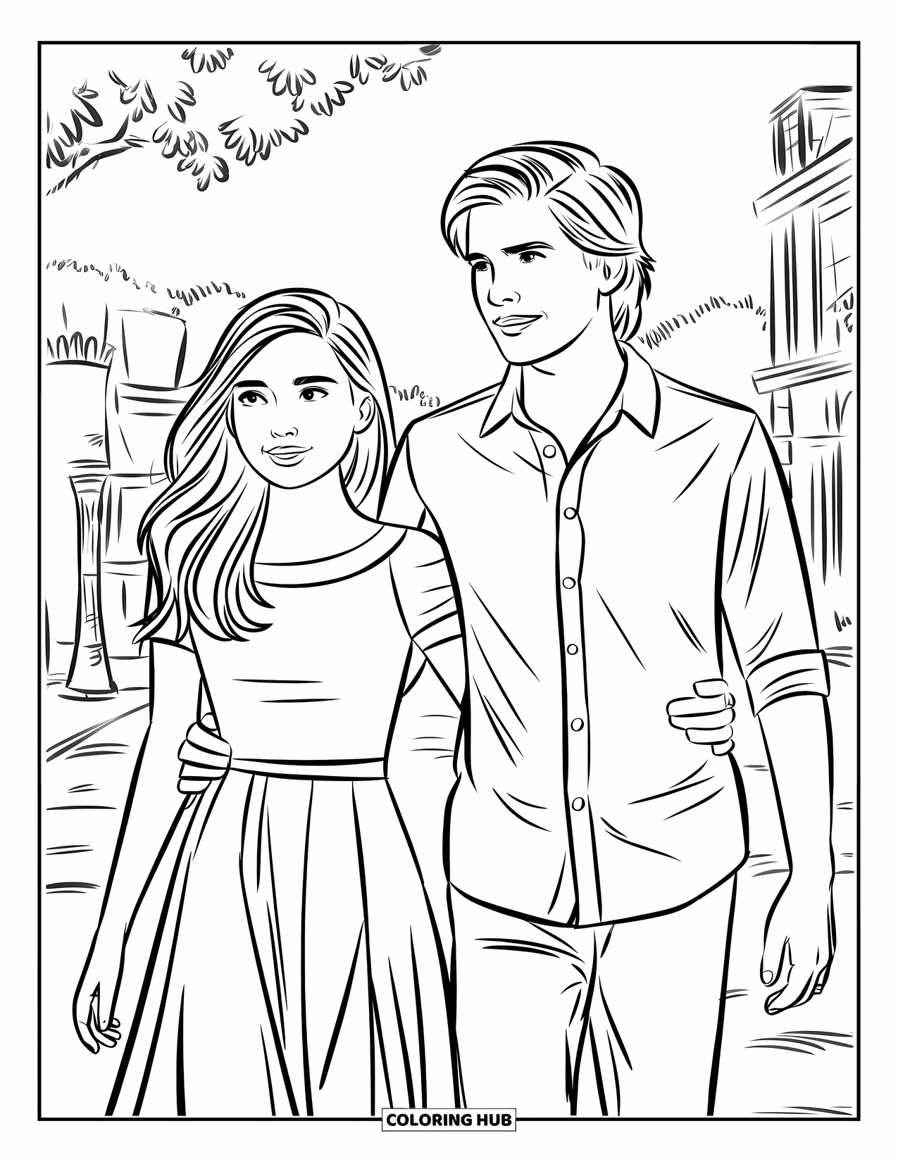 Couple Coloring Page for Kids: A couple walks together with linked arms near trees and buildings