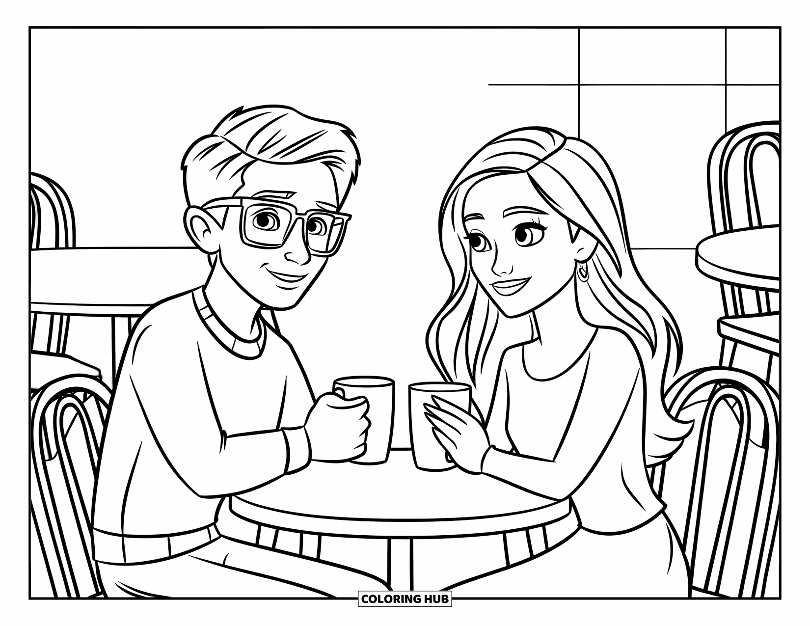 Couple Coloring Page for Kids: A couple with mugs sits at a café table surrounded by other tables and chairs