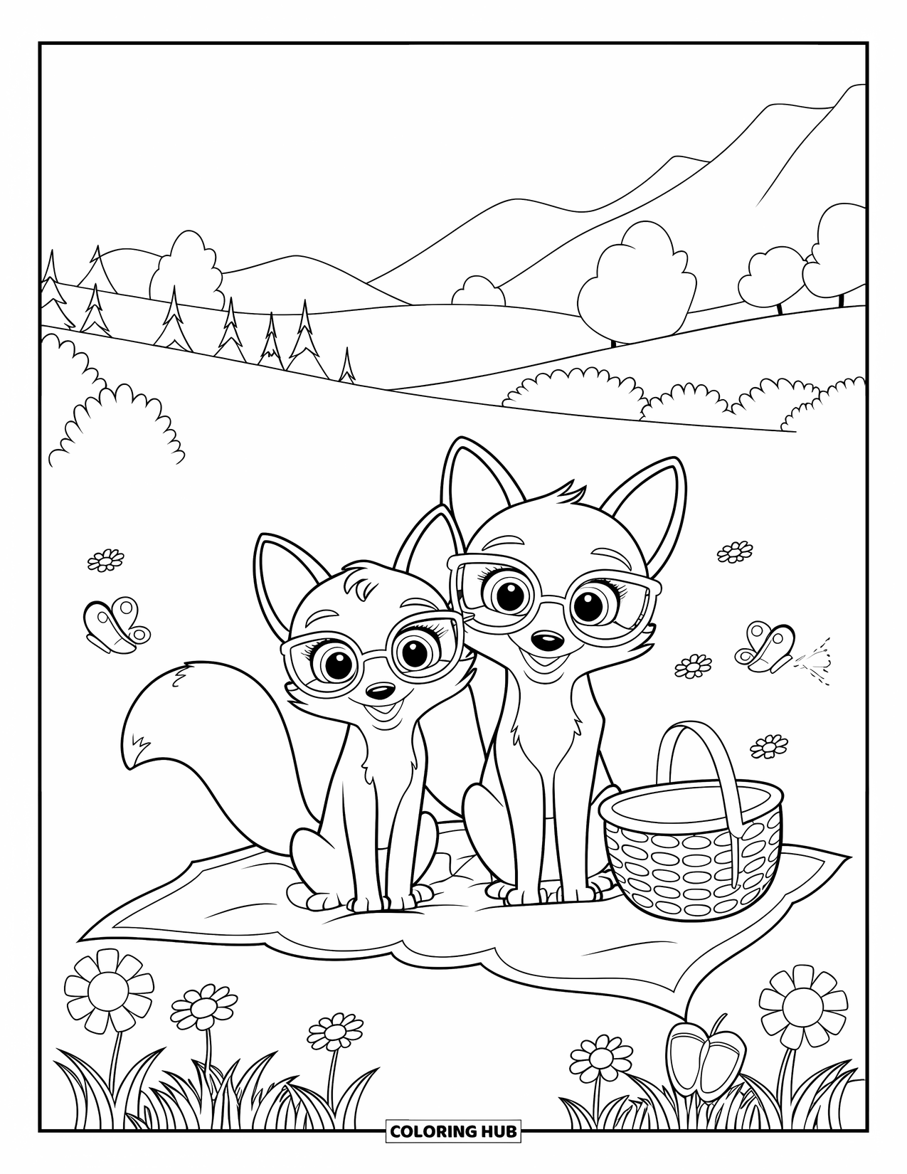 Couple Coloring Page for Kids: A fox couple with glasses enjoys a picnic among flowers, butterflies, and mountains