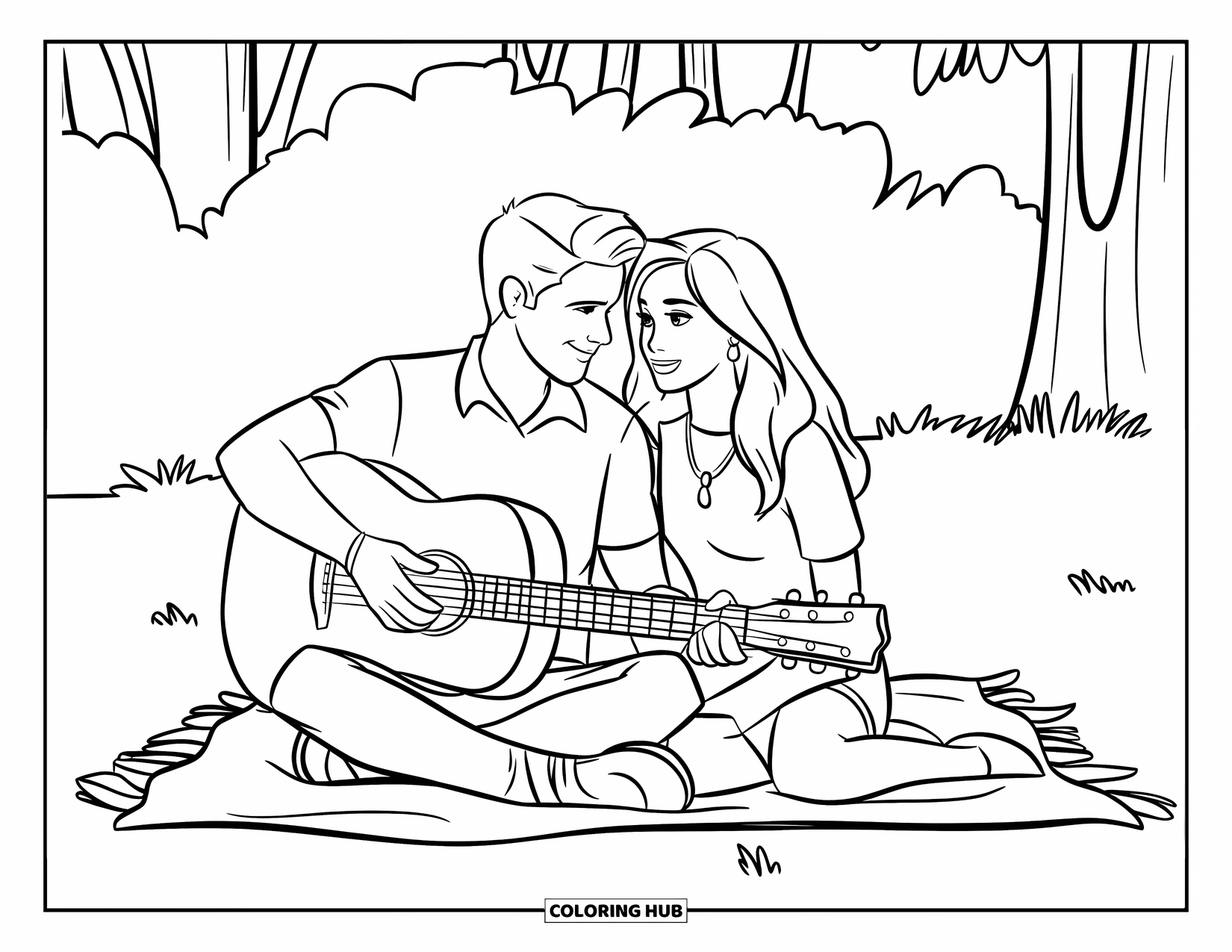 Couple Coloring Page for Kids: A man plays guitar beside a woman on a picnic blanket under the trees