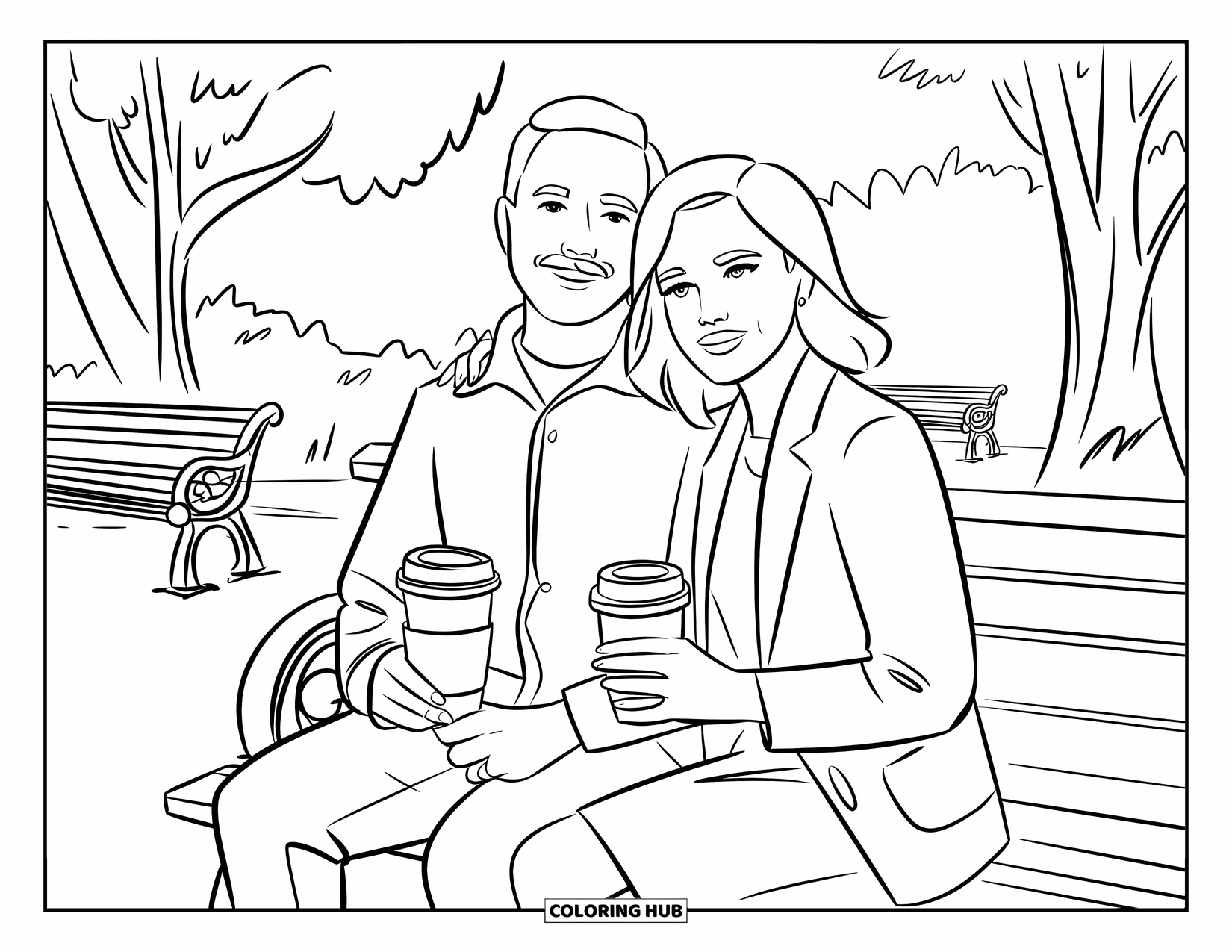 Couple Coloring Page for Kids: A mustached man and his partner sip coffee on a bench surrounded by trees