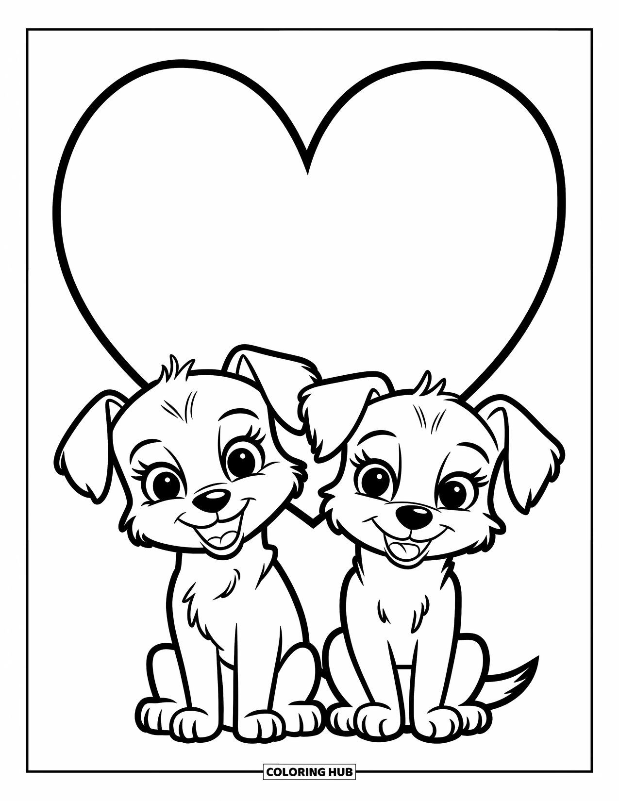Couple Coloring Page for Kids: A puppy couple sits close together with a big heart floating above them