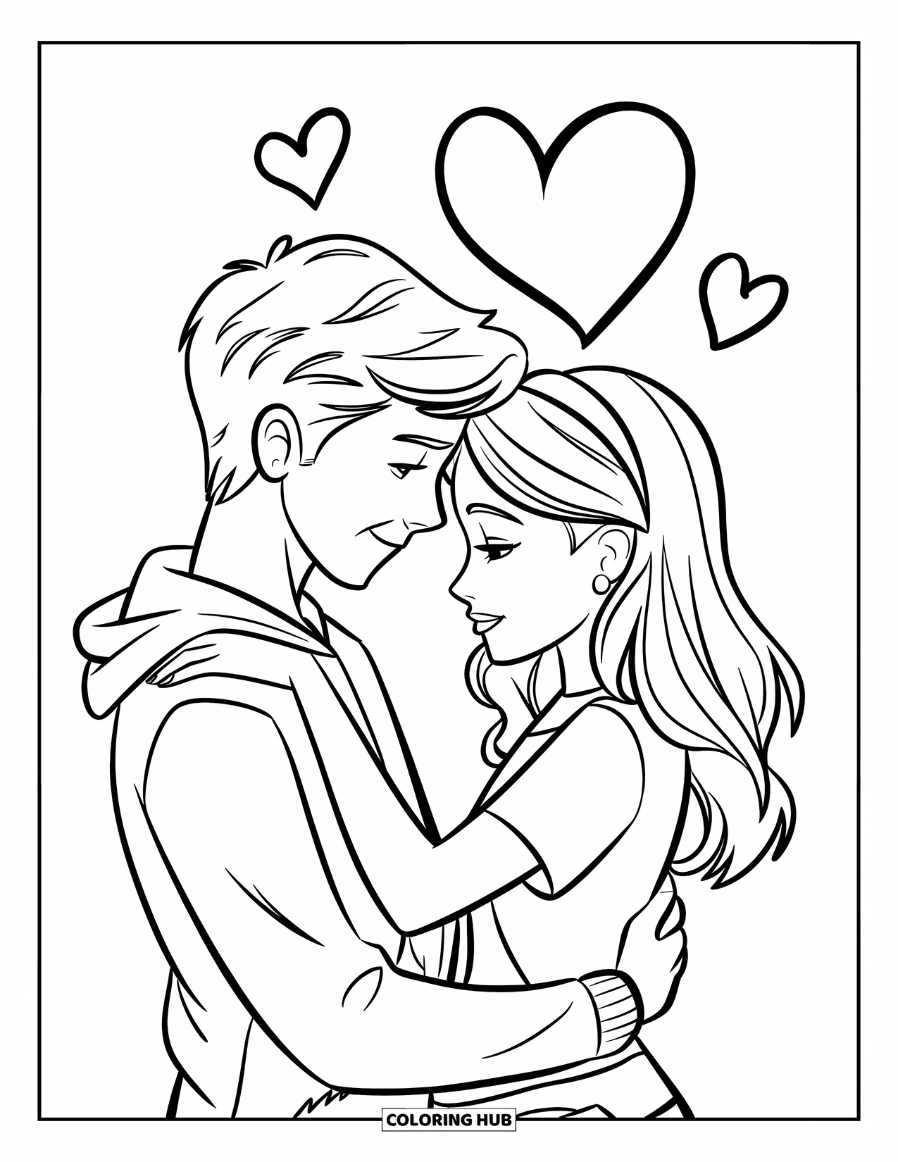 Couple Coloring Page for Kids: A teen couple shares a gentle hug with hearts floating above them
