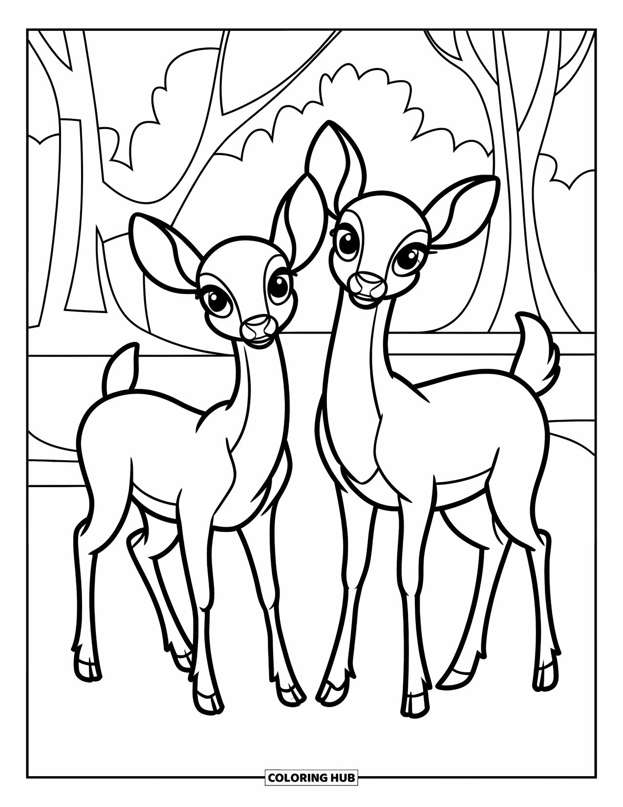 Couple Coloring Page for Kids: Deer with big eyes stand together in a peaceful forest setting