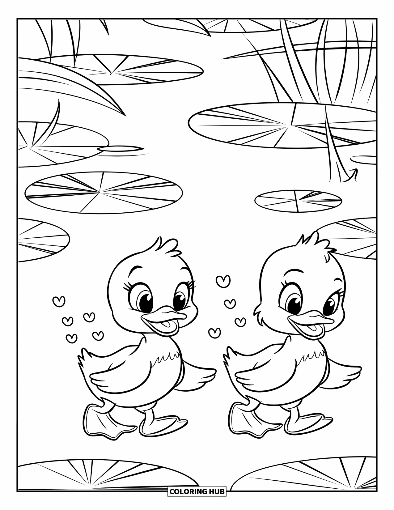 Couple Coloring Page for Kids: Ducklings walk beside a lake with hearts behind them and reflections in the water