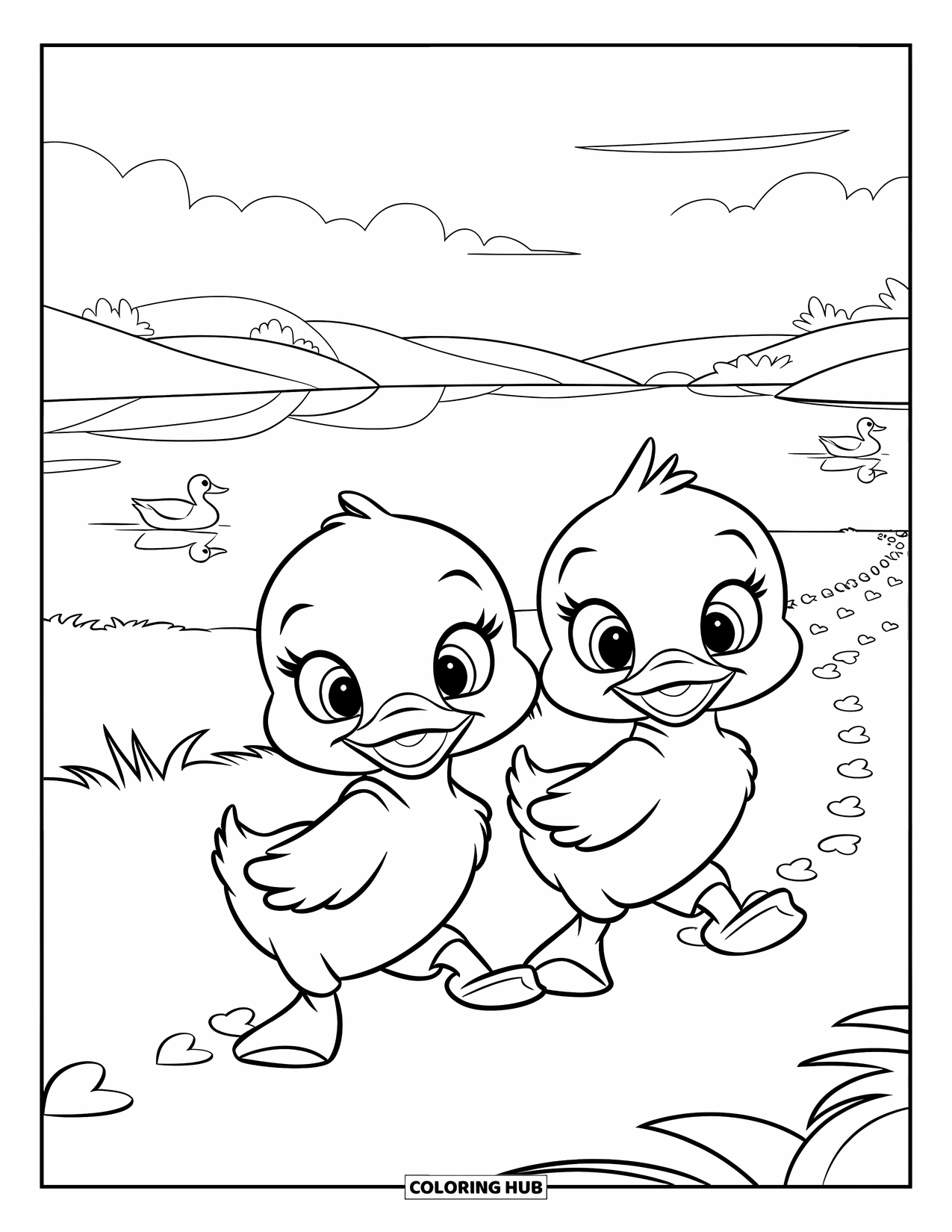 Couple Coloring Page for Kids: Ducklings walk on a field path with hearts behind them and ducks in the lake