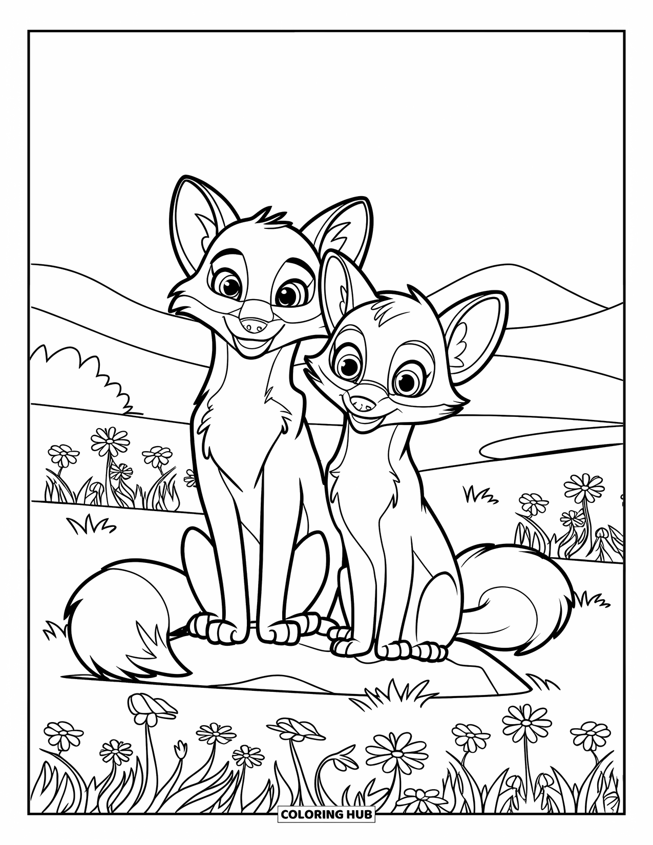 Couple Coloring Page for Kids: Foxes sit on a rock surrounded by flowers with mountains in the distance