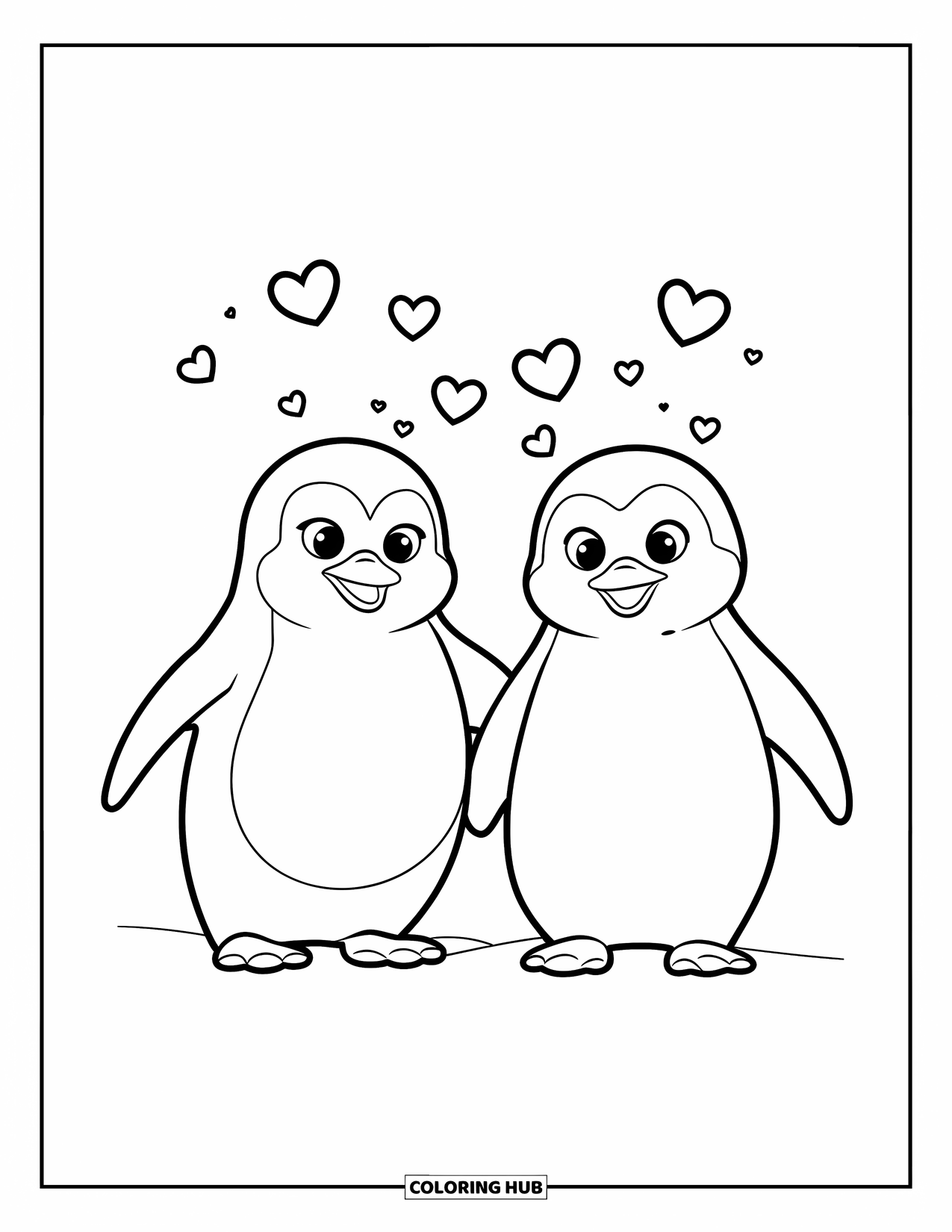 Couple Coloring Page for Kids: Penguins stand on snow with tiny hearts floating above them