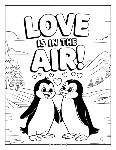 Kolorowanka z parą dla dzieci: Pingwiny z serduszkami stoją pod tabliczką z napisem "Love is in the air!"