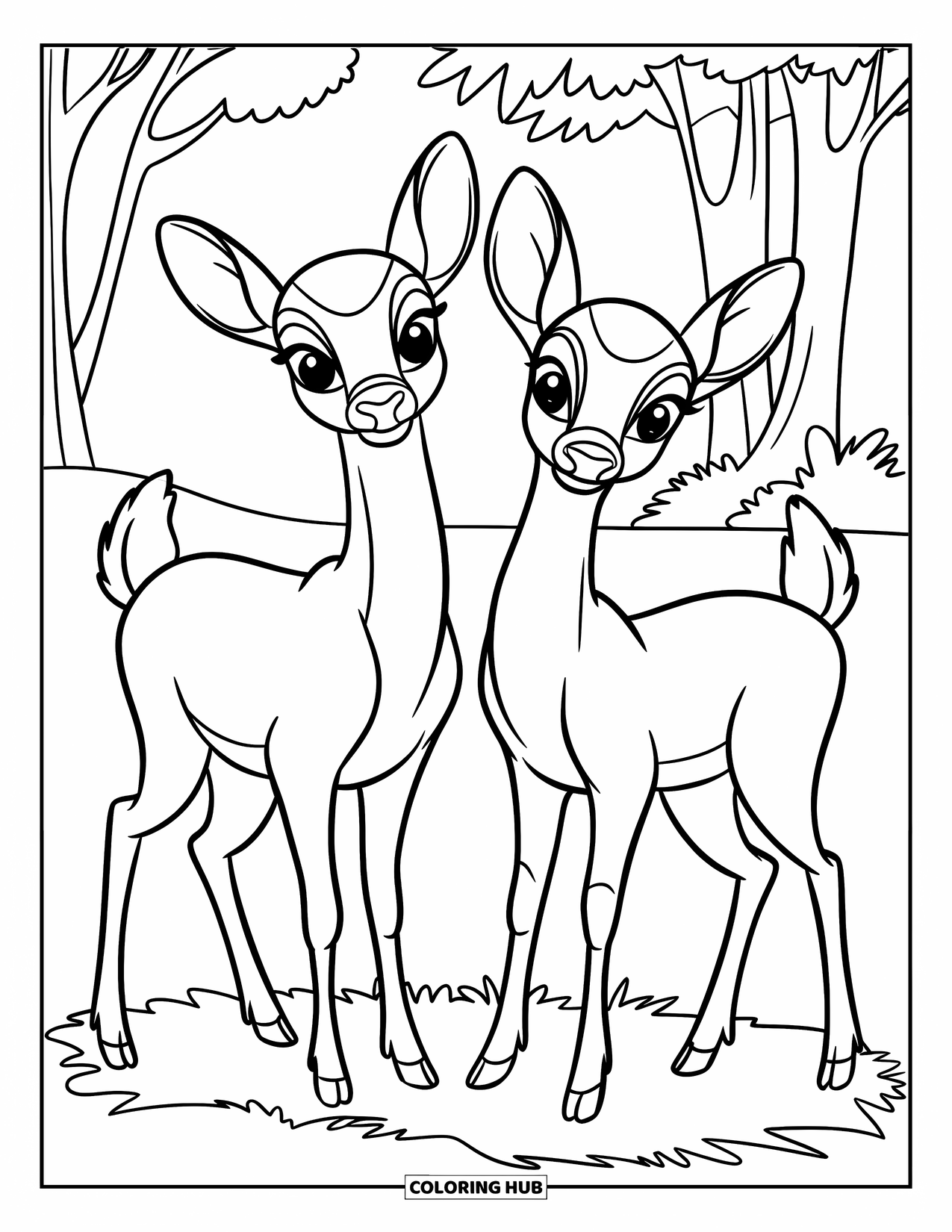 Couple Coloring Page for Kids: Two deer stand side by side in a quiet forest clearing with trees