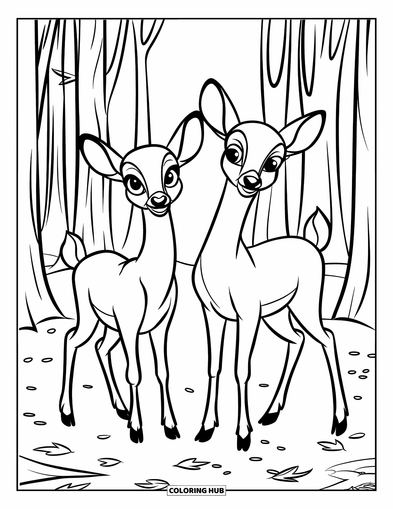 Couple Coloring Page for Kids: Two deer with big eyes stand in a forest with fallen leaves