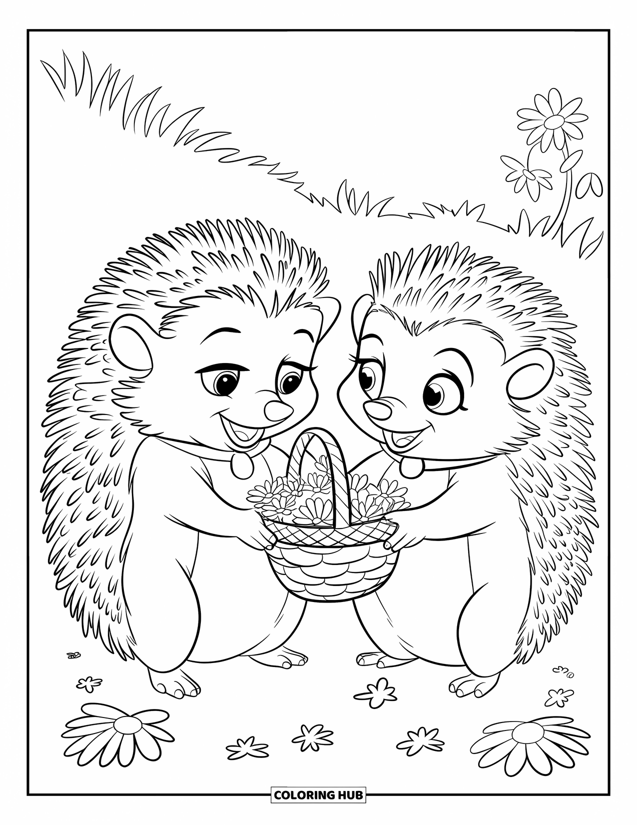 Couple Coloring Page for Kids: Two hedgehogs hold a tiny flower basket together in a grassy field