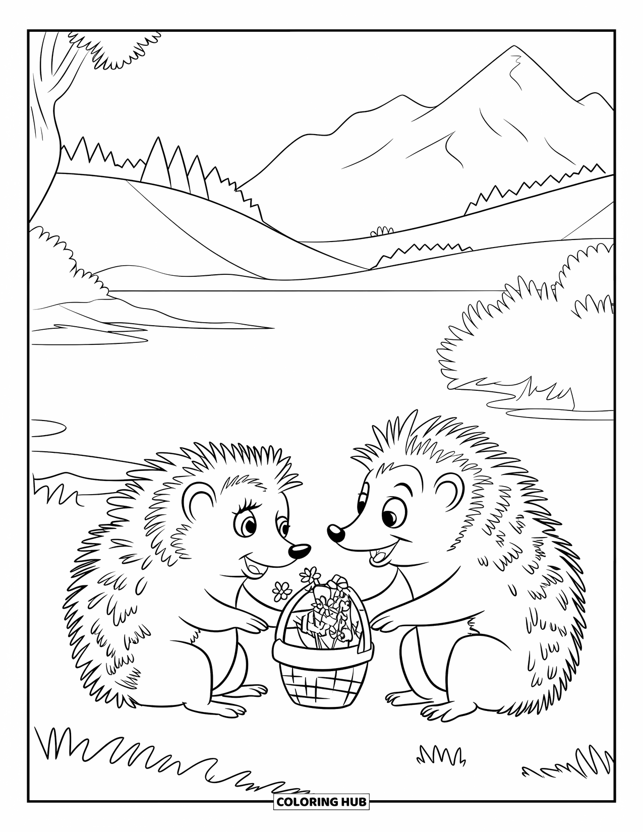 Couple Coloring Page for Kids: Two hedgehogs sit together holding a ribbon-tied flower basket in nature