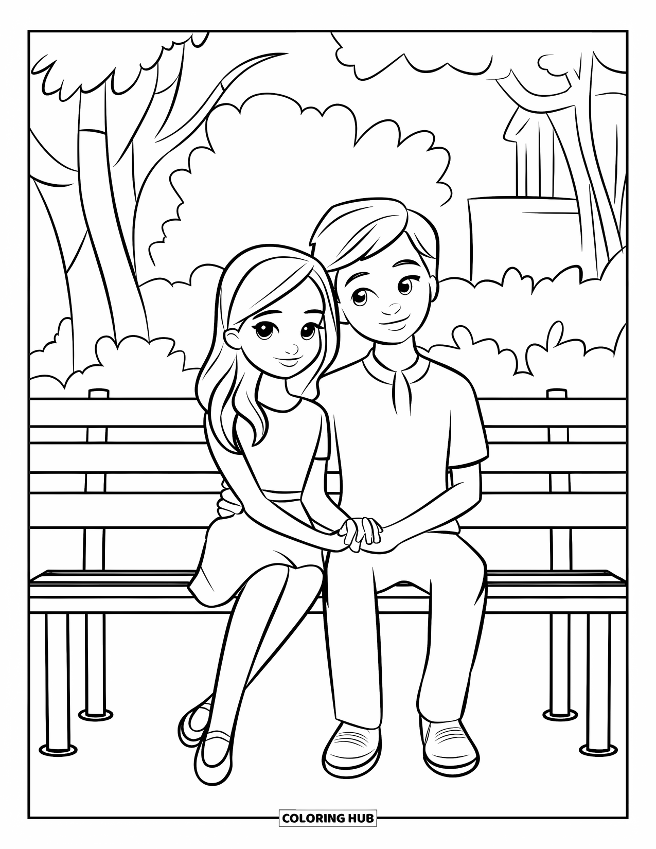 Couple Coloring Page for Kids: Two kids sit hand in hand on a park bench with trees around them