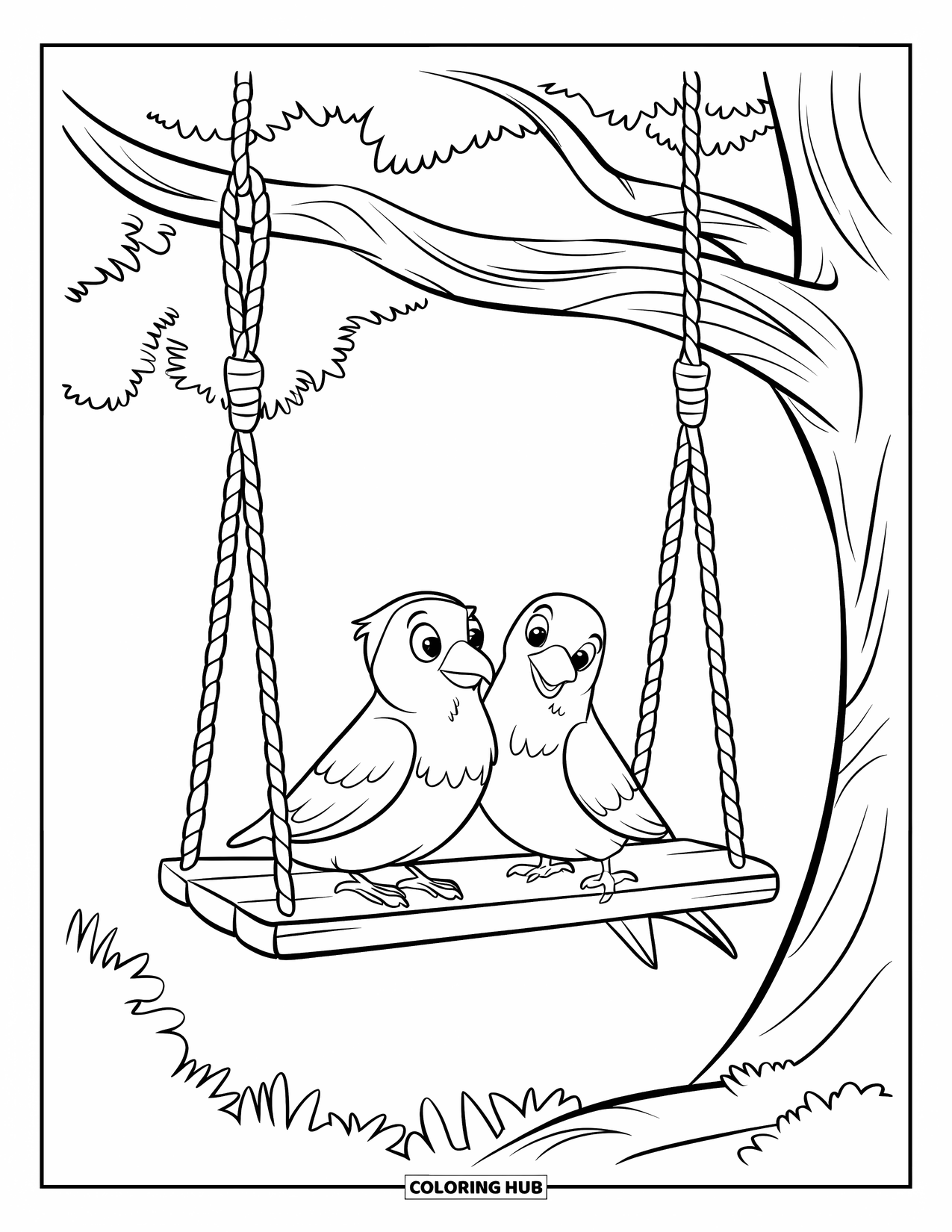 Couple Coloring Page for Kids: Two lovebirds sit on a rope swing in a forest with tall trees