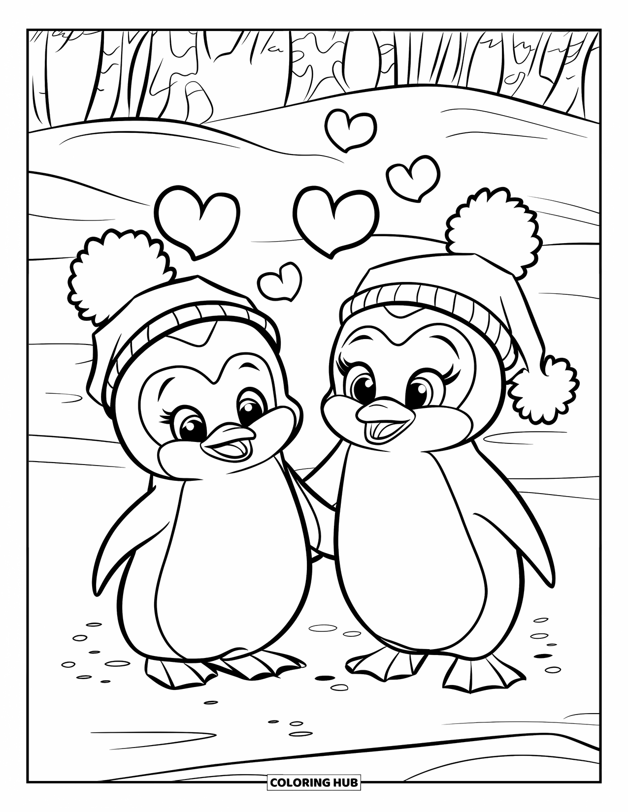 Couple Coloring Page for Kids: Two penguins in hats stand on snowy ground with hearts above their heads