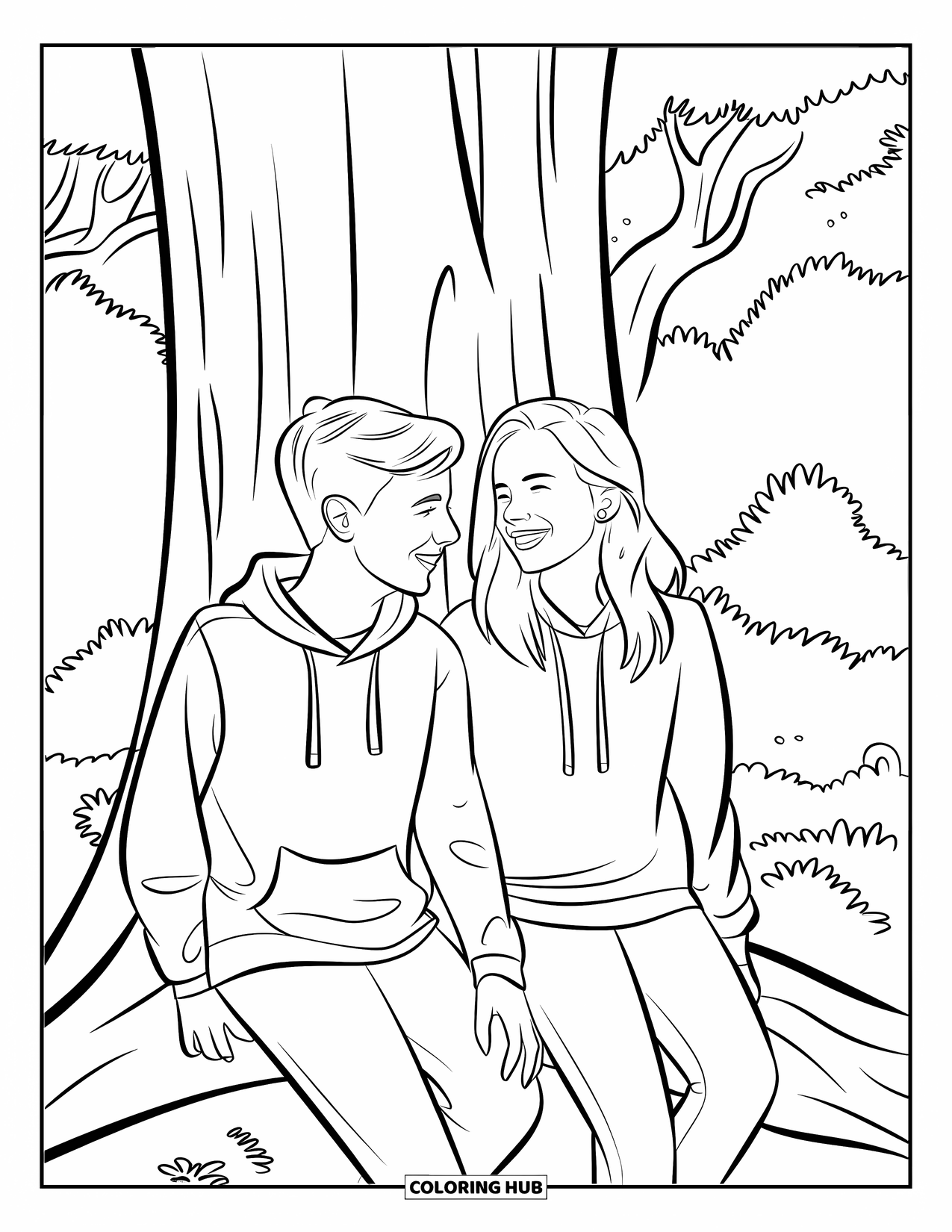 Couple Coloring Page for Kids: Two teens laugh together while leaning against a tree in the forest