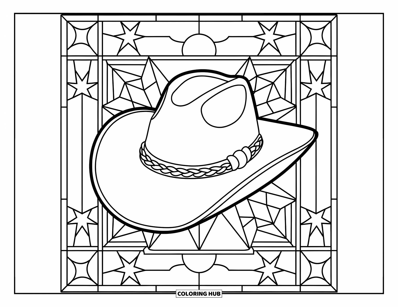 Cowboy Hat Preppy Coloring Page for Adults: A cowboy hat with a braided band is framed by a starry stained glass grid