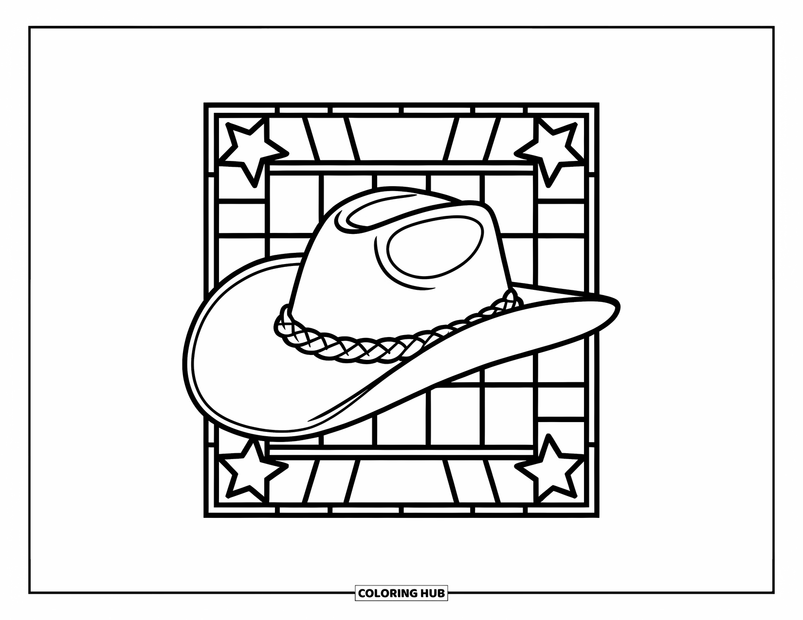Cowboy Hat Preppy Coloring Page for Adults: A cowboy hat with a braided band is framed by stars in stained glass