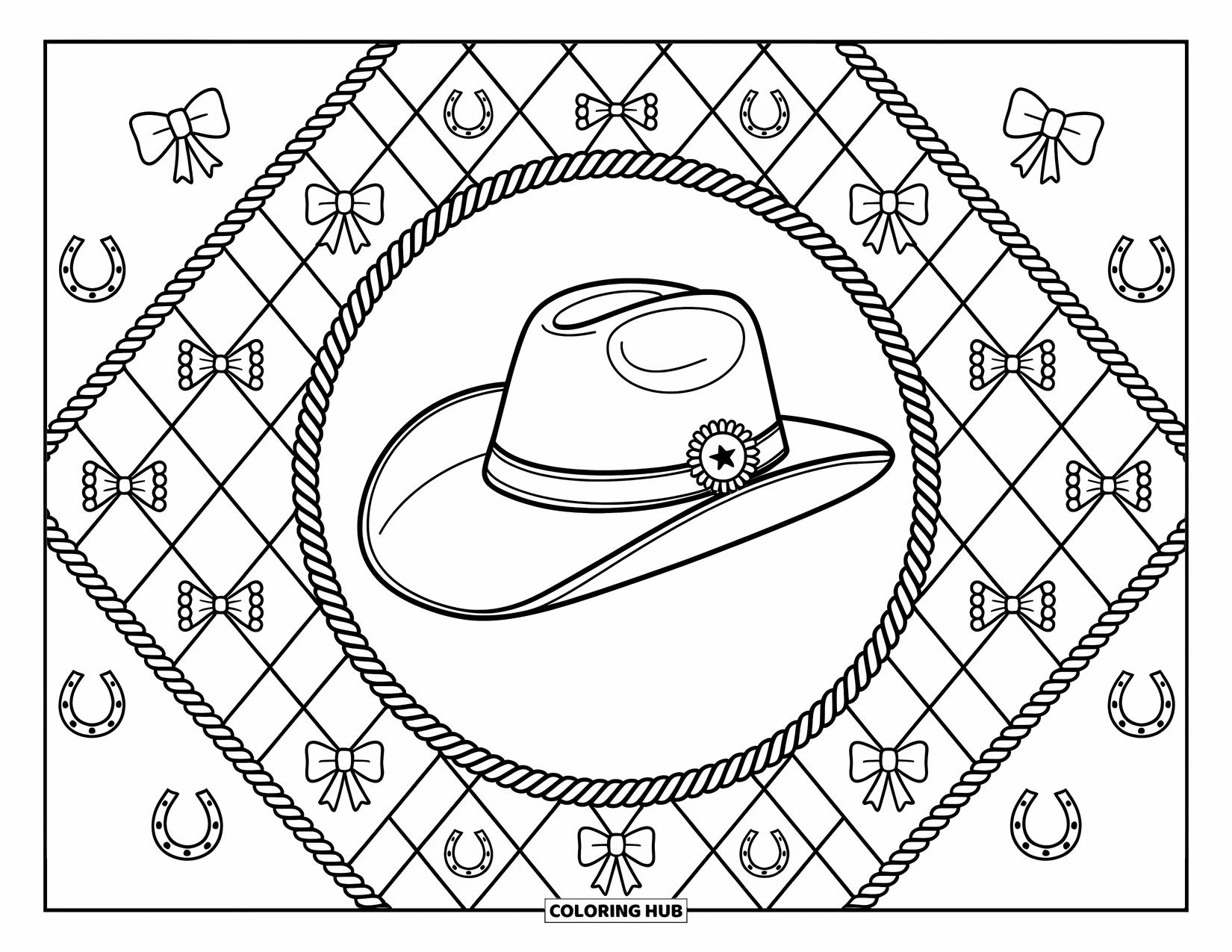 Cowboy Hat Preppy Coloring Page for Adults: A cowboy hat with a rosette badge sits at the center of an argyle spotlight