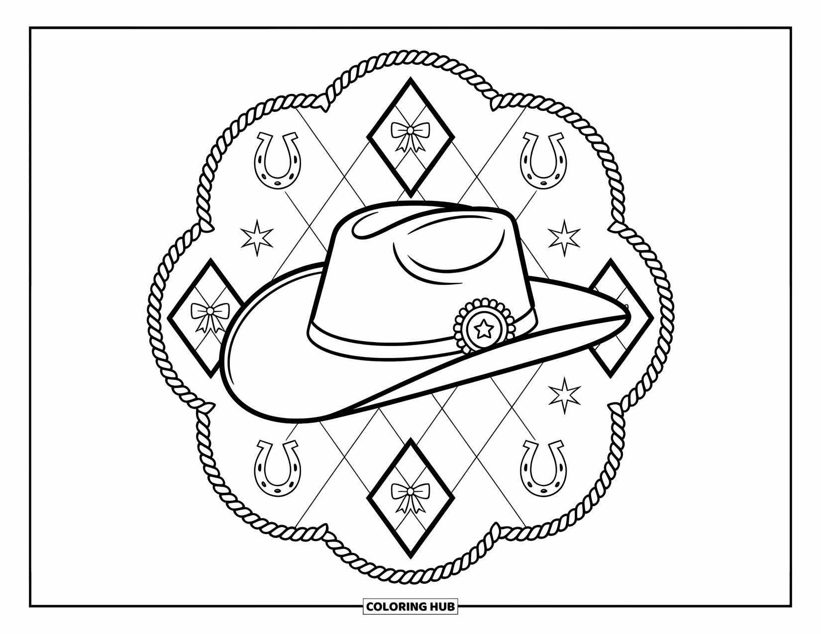 Cowboy Hat Preppy Coloring Page for Adults: A cowboy hat with a star rosette rests within argyle diamonds and scalloped borders
