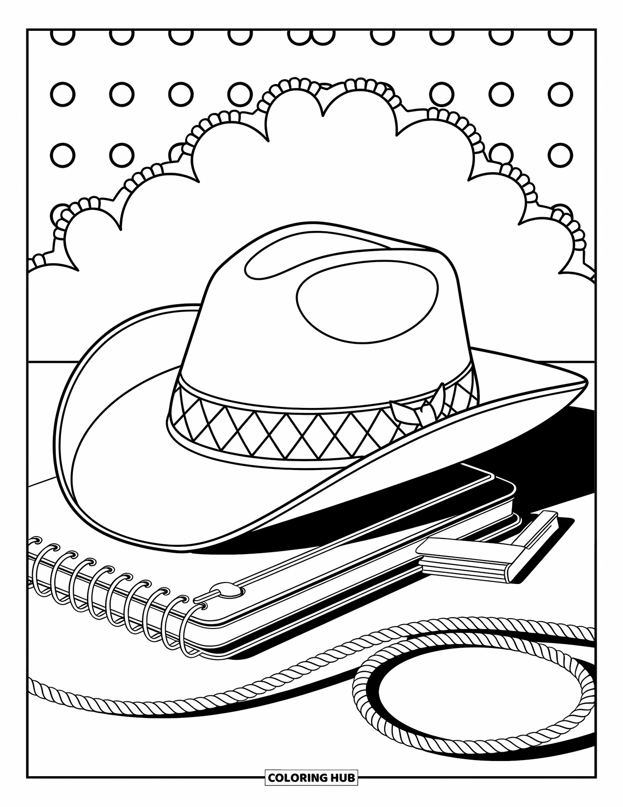 Cowboy Hat Preppy Coloring Page for Adults: A cowboy hat with an argyle band leans on a planner beside a coiled rope