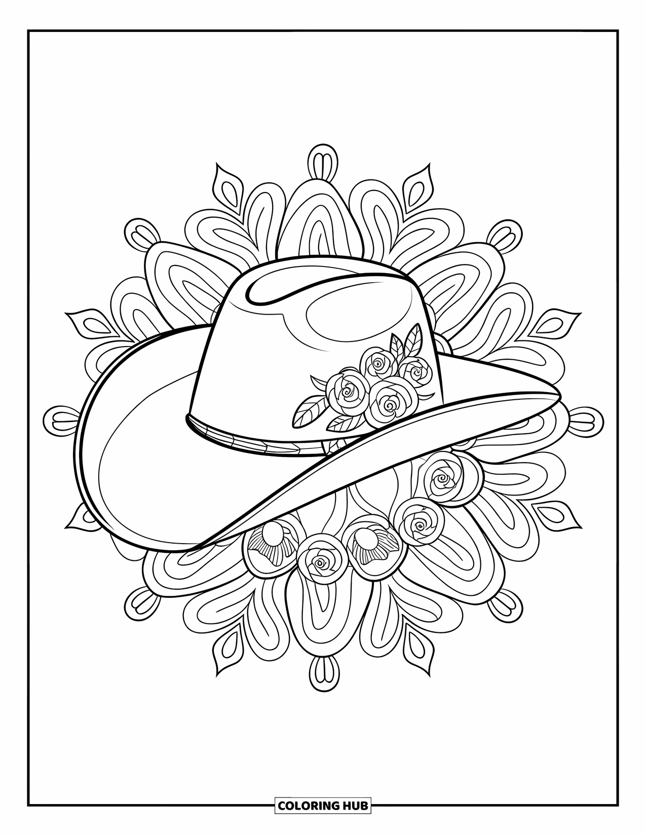 Cowboy Hat Preppy Coloring Page for Adults: A cowboy hat with embroidered roses is framed by a floral mandala