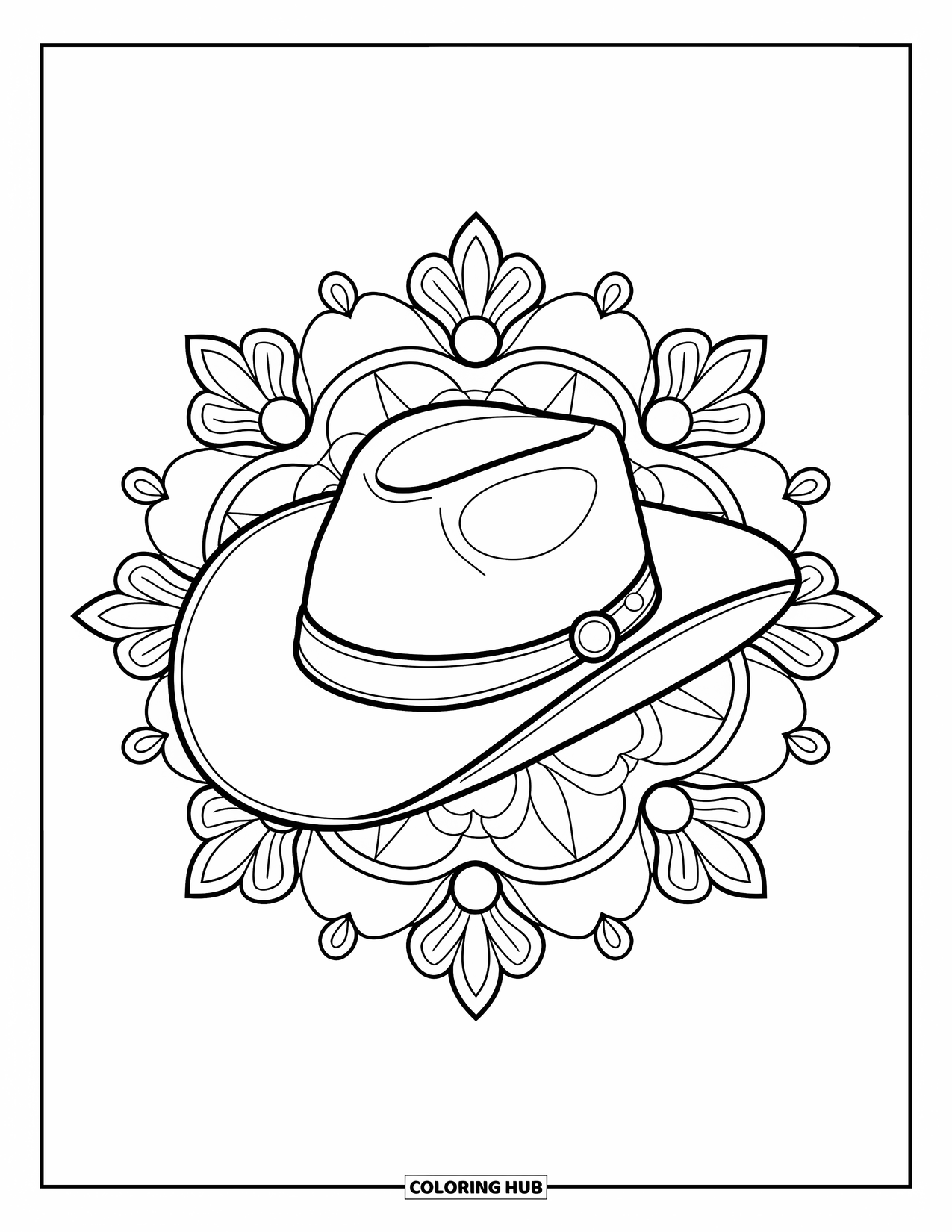 Cowboy Hat Preppy Coloring Page for Adults: A cowboy hat with pearl accents is surrounded by ornate floral mandalas