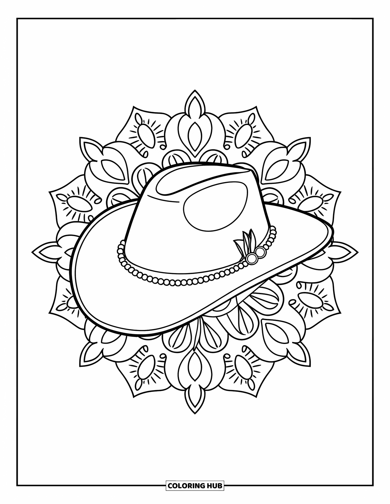 Cowboy Hat Preppy Coloring Page for Adults: A cowboy hat with pearls is framed by ornate floral mandalas